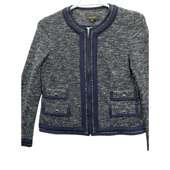 TALBOTS Black Tweed Knit Open Front Blazer Cardigan Jacket Womens Size 12 Navy - Picture 6 of 16